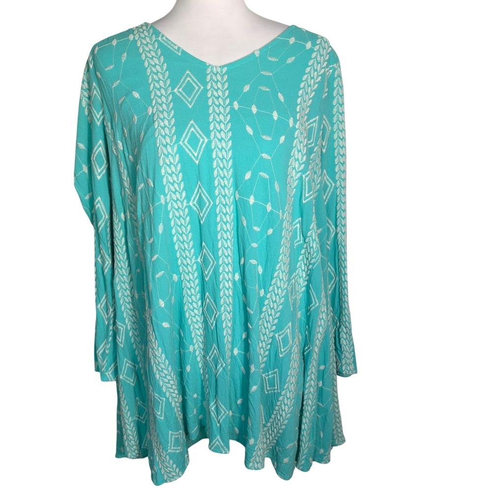 ALTAR'D STATE Women's Large Turquoise White Embroidered Open Back Tunic Top Boho